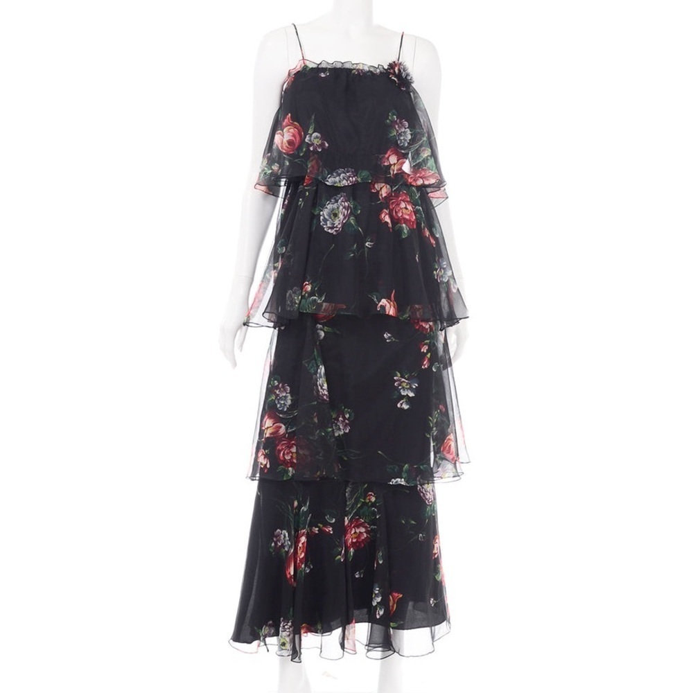 Vintage 1970s Black Floral Sheered 2 Piece Tiered Ruffled Dress Size S/M